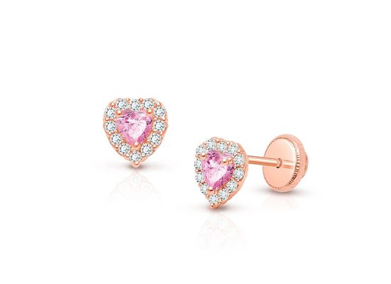 925 Sterling Gümüş Kalp Şekilli Pembe & Beyaz CZ Stud Kulaklıkları Çocuk Güzel Mücevherleri İçin Plavü Ayarlı