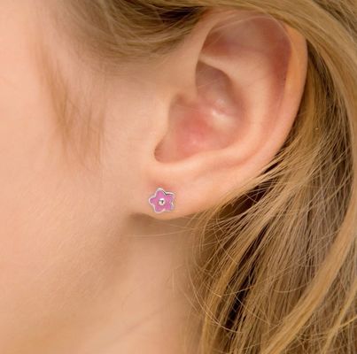 925 Sterling Gümüş 6 mm Pembe Enamel Çiçek Stud Kulaklıkları Özel Logo ve Üçüncü Taraf Değerlendirme ile Çocuklar için