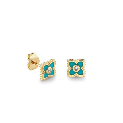 18K altın kaplamalı Turkuaz Enamel Mini Stud Çiçek küpeleri 925 Sterling Gümüş