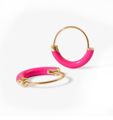 925 Sterling Gümüş Kulaklıklar 18 mm Dia Halkaları Sıcak Pembe Enamel ve 18K Altın Kaplama