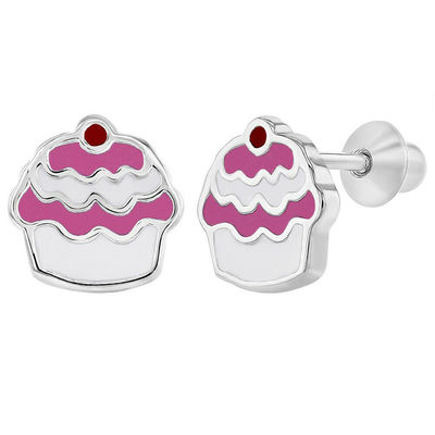 Cupcake Pembe Emaye 925 Ayar Gümüş Vidalı Çocuk Küpe Takı