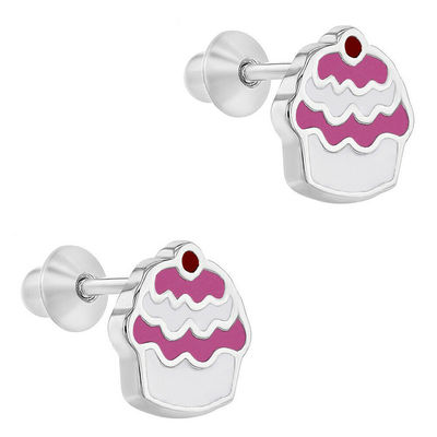 Cupcake Pembe Emaye 925 Ayar Gümüş Vidalı Çocuk Küpe Takı