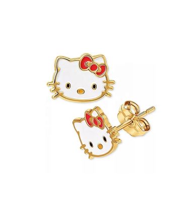 18K Altın Kaplama Hello Kitty Enamel Stud Kızlar için 925 Sterling Gümüş