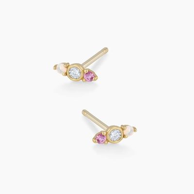 Beyaz Opal ve Pembe Sapphire CZ Stud Kulaklıkları Üç Taş Kübik Zirkonya Studs