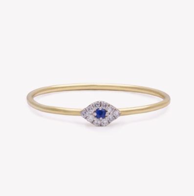 Klasik Tarzlı Mini Pave Yüzük 925 Sterling Gümüşlü Elmas Gözlü ve Mavi Sapfirli