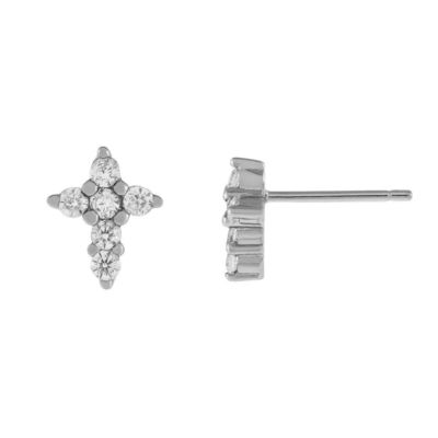 Kızlar için 18K Altın Mikron Pave Cross Stud Küpesi 925 Sterling Gümüş