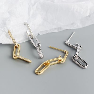 925 Sterling Gümüşlü Retro Paperclip Dikdörtgen Zincir Küpeler Bayanlar Gecesi için