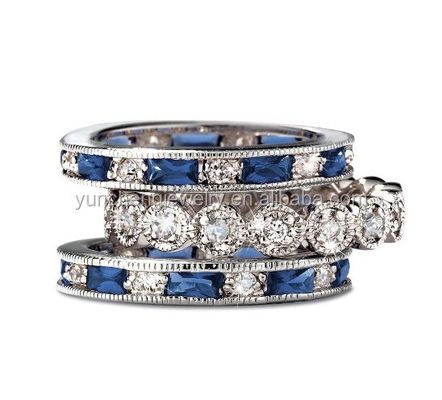 925 Sterling Gümüş CZ Taklit Sapphire Yüklenebilir Yüzük Set Özel Boyutlu