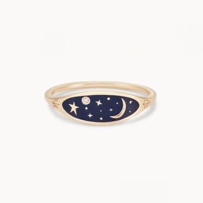 El yapımı 18K Altın kaplama Gece yarısı Mavi Enamel 925 Sterling Gümüş Yuvarlak Parlak CZ Kızlar için Yükleme Yüzüğü