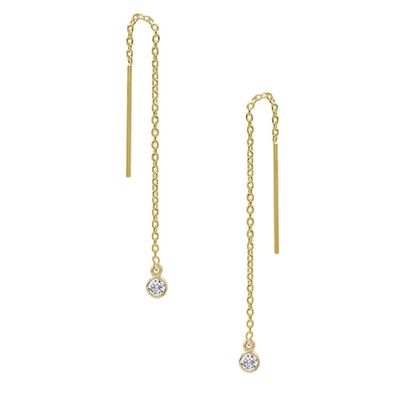 925 Sterling Gümüş Basit 18K Altın Kaplama Kadınlar Bezel Drop Zinciri İpeklik Küpesi