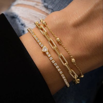 925 Sterling Gümüş 14K Altın Kaplama Kalp Zirkonlu Tenis Bileziği
