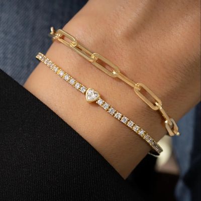 925 Sterling Gümüş 14K Altın Kaplama Kalp Zirkonlu Tenis Bileziği
