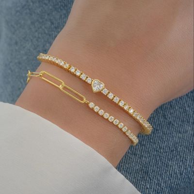 925 Sterling Gümüş 14K Altın Kaplama Kalp Zirkonlu Tenis Bileziği