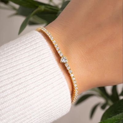 925 Sterling Gümüş 14K Altın Kaplama Kalp Zirkonlu Tenis Bileziği