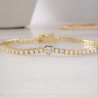 925 Sterling Gümüş 14K Altın Kaplama Kalp Zirkonlu Tenis Bileziği