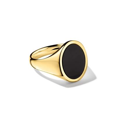 18K Altın Kaplama Siyah Onyx 925 Sterling Gümüş Erkek İmza Yüzüğü