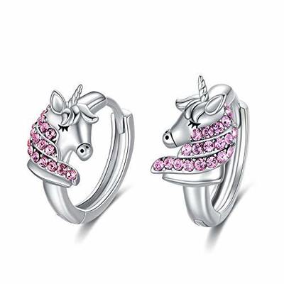 925 Sterling Gümüş Tek boynuzlu Huggie Küpeler 16mm Çocuklar için Pembe CZ