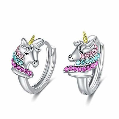 925 Sterling Gümüş Tek boynuzlu Huggie Küpeler 16mm Çocuklar için Pembe CZ