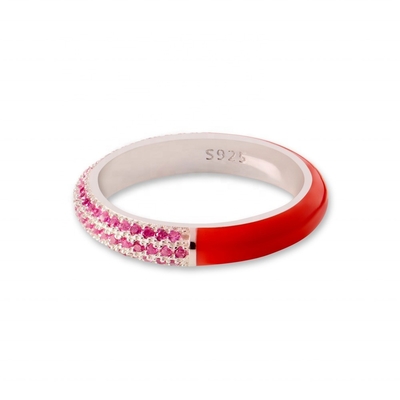 Şık 925 Sterling Gümüş 18K Sarı Altın Yarım Zirkon Yarım Enamel Yüzük